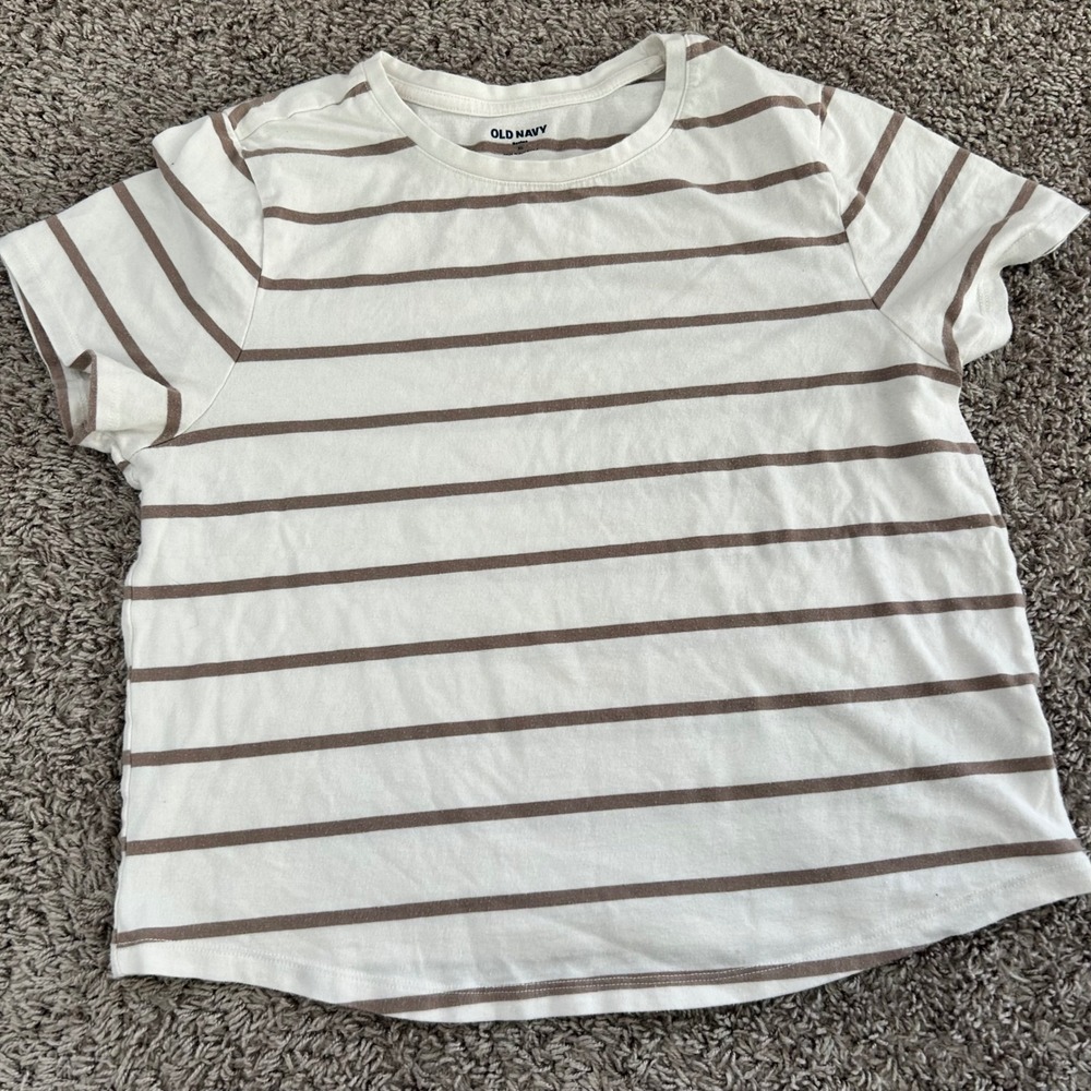 Old Navy Women XL Striped T Shirt Cream Brown Short Sleeve cropped Casual Top